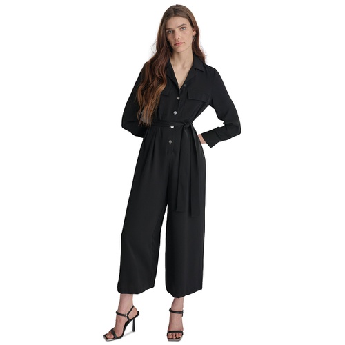 DKNY Womens Button-Front Belted Wide-Leg Jumpsuit