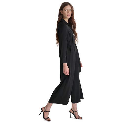 DKNY Womens Button-Front Belted Wide-Leg Jumpsuit