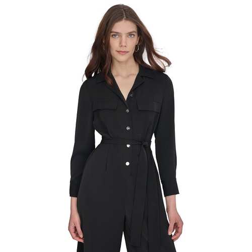 DKNY Womens Button-Front Belted Wide-Leg Jumpsuit