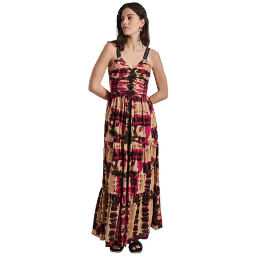 DKNY Womens Cotton Printed Tiered Maxi Dress