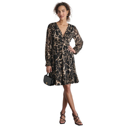 DKNY Womens Printed Chiffon Long-Sleeve A-Line Dress