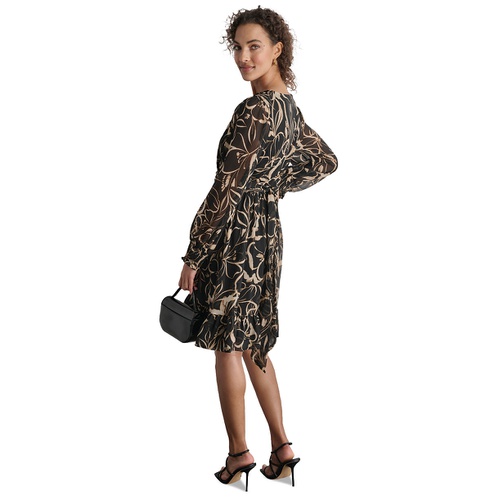 DKNY Womens Printed Chiffon Long-Sleeve A-Line Dress