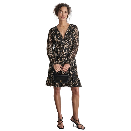 DKNY Womens Printed Chiffon Long-Sleeve A-Line Dress