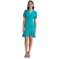 Womens Ruched-Sleeve A-Line Ruffle-Trim Dress