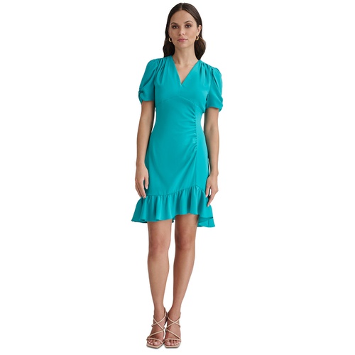 DKNY Womens Ruched-Sleeve A-Line Ruffle-Trim Dress