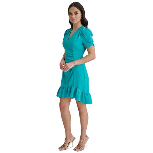 DKNY Womens Ruched-Sleeve A-Line Ruffle-Trim Dress