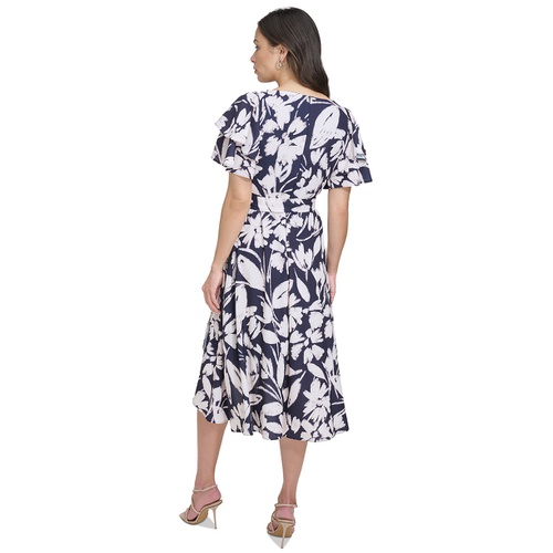 DKNY Womens Printed Flutter-Sleeve High-Low Dress