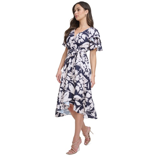 DKNY Womens Printed Flutter-Sleeve High-Low Dress