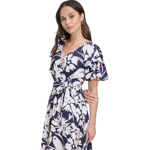 DKNY Womens Printed Flutter-Sleeve High-Low Dress