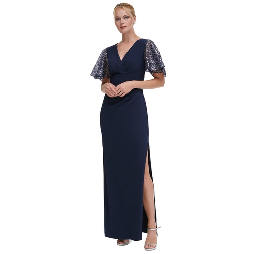 DKNY Womens V-Neck Sequin Flutter-Sleeve Gown