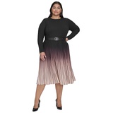 Plus Size Ombre Belted Pleated-Skirt Long-Sleeve Dress