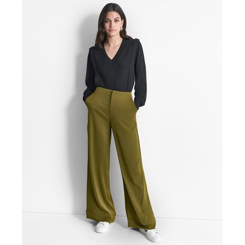 DKNY Womens Glazed High Rise Seamed-Cuff Wide-Leg Pants