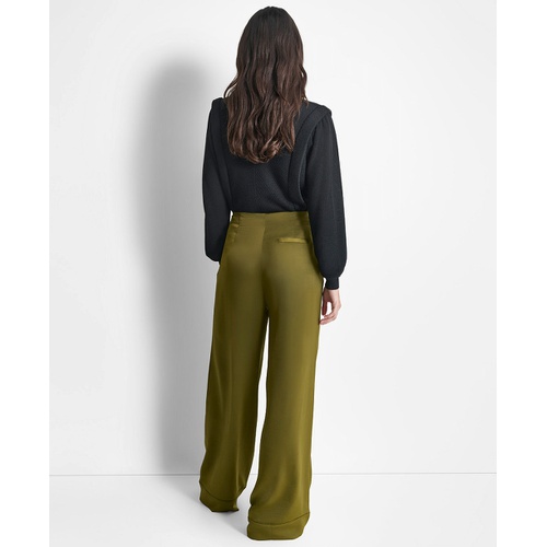 DKNY Womens Glazed High Rise Seamed-Cuff Wide-Leg Pants