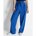 Womens Twill Tie-Front Pleated Wide-Leg Pants