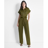 Womens Tie-Waist Button-Front Short-Sleeve Utility Jumpsuit