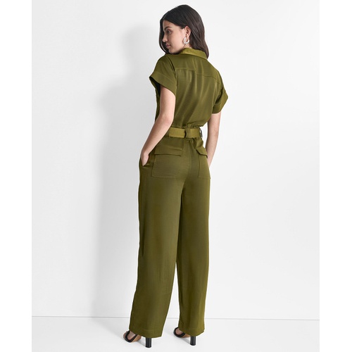 DKNY Womens Tie-Waist Button-Front Short-Sleeve Utility Jumpsuit