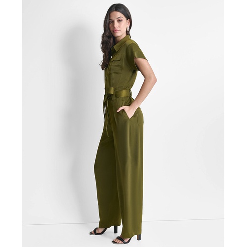 DKNY Womens Tie-Waist Button-Front Short-Sleeve Utility Jumpsuit