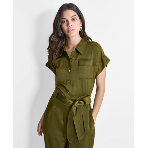 DKNY Womens Tie-Waist Button-Front Short-Sleeve Utility Jumpsuit