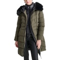 Womens Bibbed Faux-Fur-Trim Hooded Puffer Coat