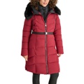 Womens Bibbed Faux-Fur-Trim Hooded Puffer Coat