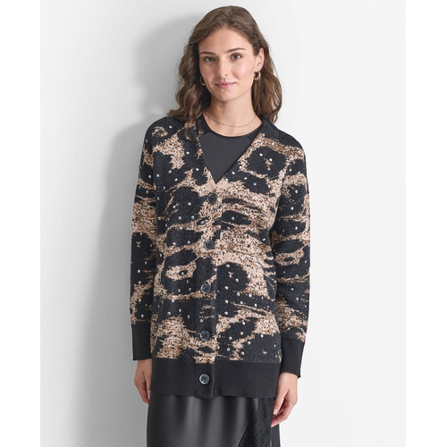 DKNY Womens Printed Button-Front Chenille Cardigan