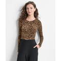 Womens Animal-Print Ruched Crewneck Long-Sleeve Top