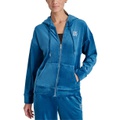 Womens Velour Rhinestone-Logo Zip-Front Hoodie