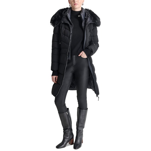 DKNY Womens Bibbed Faux-Fur-Trim Hooded Puffer Coat