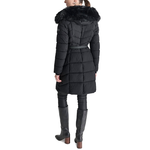 DKNY Womens Bibbed Faux-Fur-Trim Hooded Puffer Coat