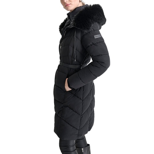 DKNY Womens Bibbed Faux-Fur-Trim Hooded Puffer Coat