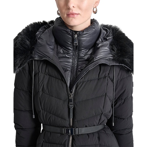 DKNY Womens Bibbed Faux-Fur-Trim Hooded Puffer Coat