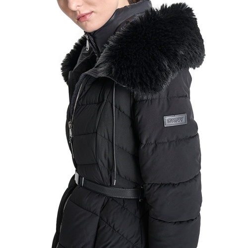 DKNY Womens Bibbed Faux-Fur-Trim Hooded Puffer Coat