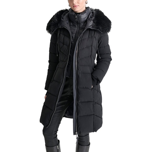 DKNY Womens Bibbed Faux-Fur-Trim Hooded Puffer Coat