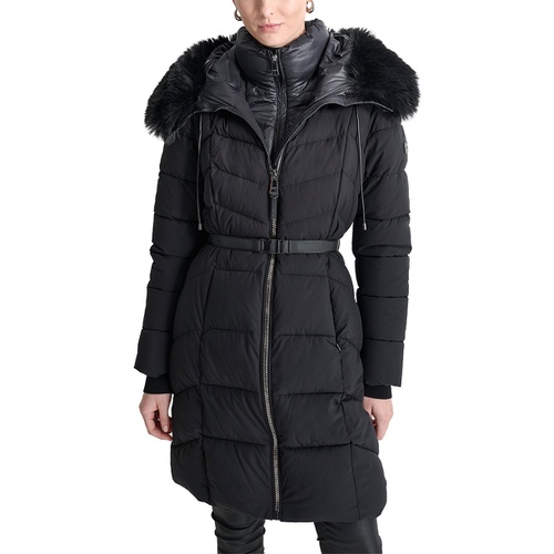 DKNY Womens Bibbed Faux-Fur-Trim Hooded Puffer Coat