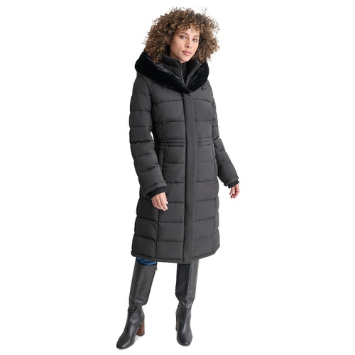 DKNY Womens Faux-Fur-Trim Hooded Bibbed Puffer Coat