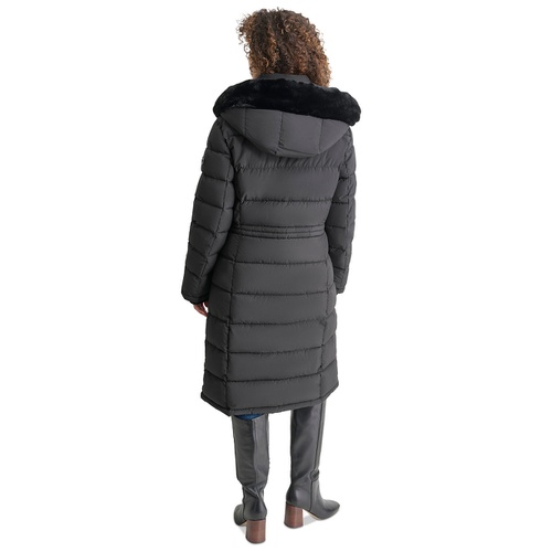 DKNY Womens Faux-Fur-Trim Hooded Bibbed Puffer Coat