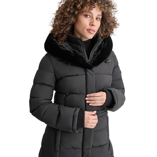 DKNY Womens Faux-Fur-Trim Hooded Bibbed Puffer Coat