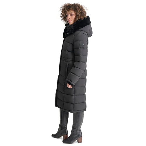 DKNY Womens Faux-Fur-Trim Hooded Bibbed Puffer Coat