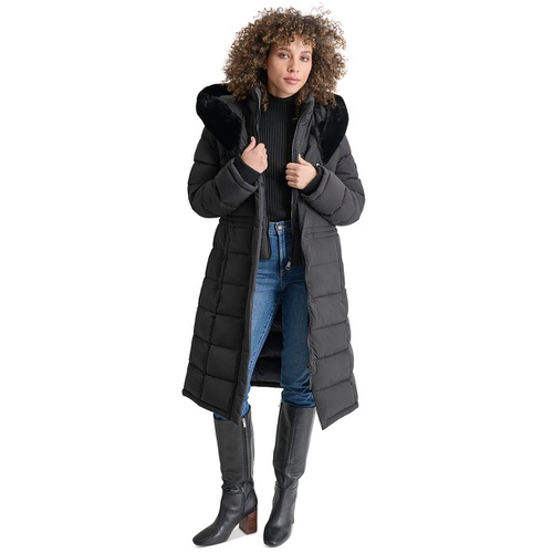 DKNY Womens Faux-Fur-Trim Hooded Bibbed Puffer Coat