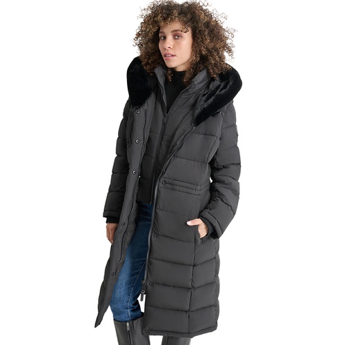 DKNY Womens Faux-Fur-Trim Hooded Bibbed Puffer Coat