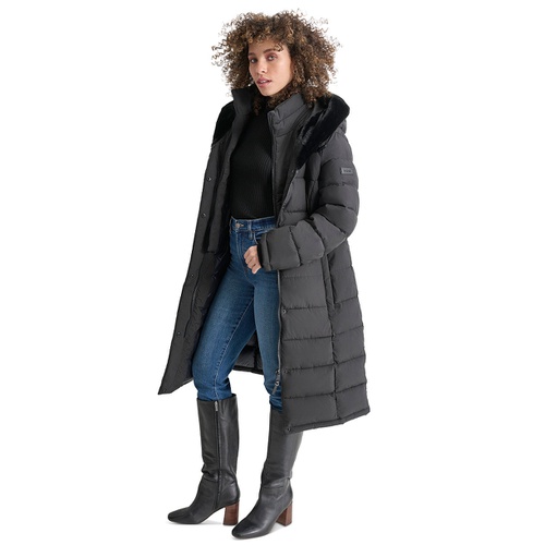 DKNY Womens Faux-Fur-Trim Hooded Bibbed Puffer Coat