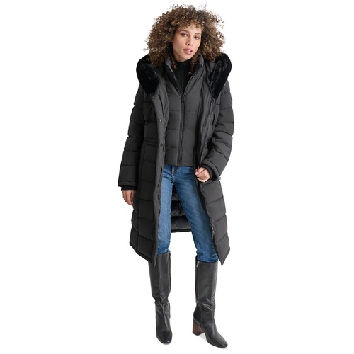 DKNY Womens Faux-Fur-Trim Hooded Bibbed Puffer Coat