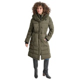 Womens Faux-Fur-Trim Hooded Bibbed Puffer Coat