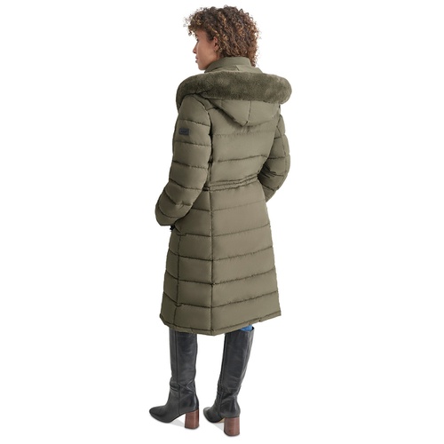 DKNY Womens Faux-Fur-Trim Hooded Bibbed Puffer Coat