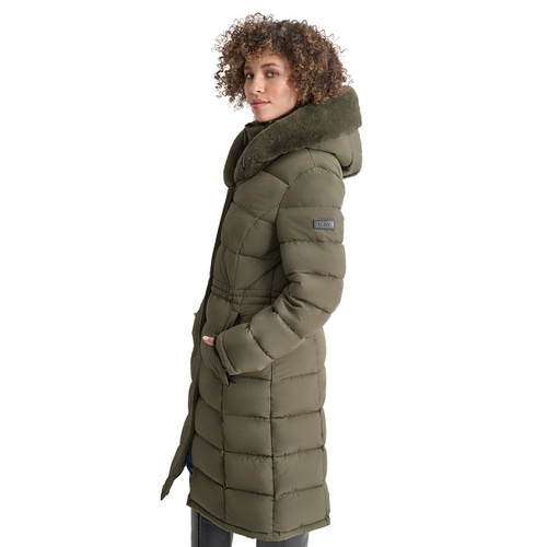 DKNY Womens Faux-Fur-Trim Hooded Bibbed Puffer Coat