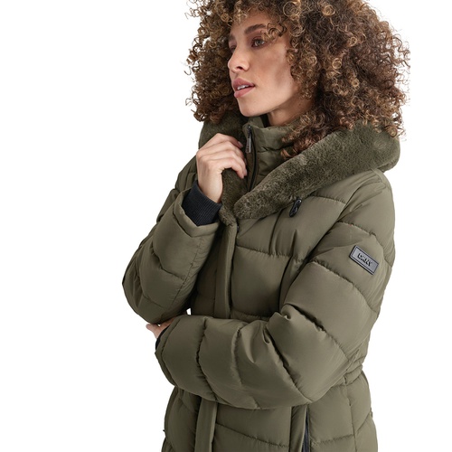 DKNY Womens Faux-Fur-Trim Hooded Bibbed Puffer Coat