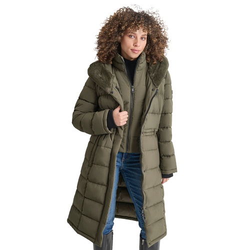 DKNY Womens Faux-Fur-Trim Hooded Bibbed Puffer Coat