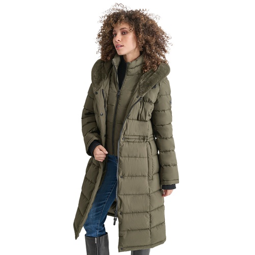 DKNY Womens Faux-Fur-Trim Hooded Bibbed Puffer Coat