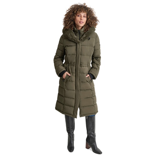 DKNY Womens Faux-Fur-Trim Hooded Bibbed Puffer Coat