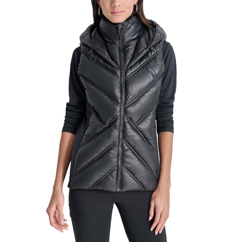 DKNY Womens Hooded Puffer Vest with Contrast Scuba and Teddy Faux Fur Collar